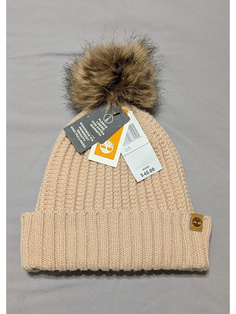NWT Timberland Women's Cable Knit Faux Fur Pom Beanie Hat Blush Peach